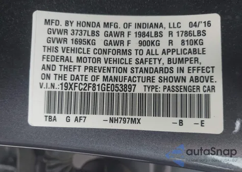 2016 Honda Civic Ex from USA, damaged, VIN 19XFC2F81GE053897